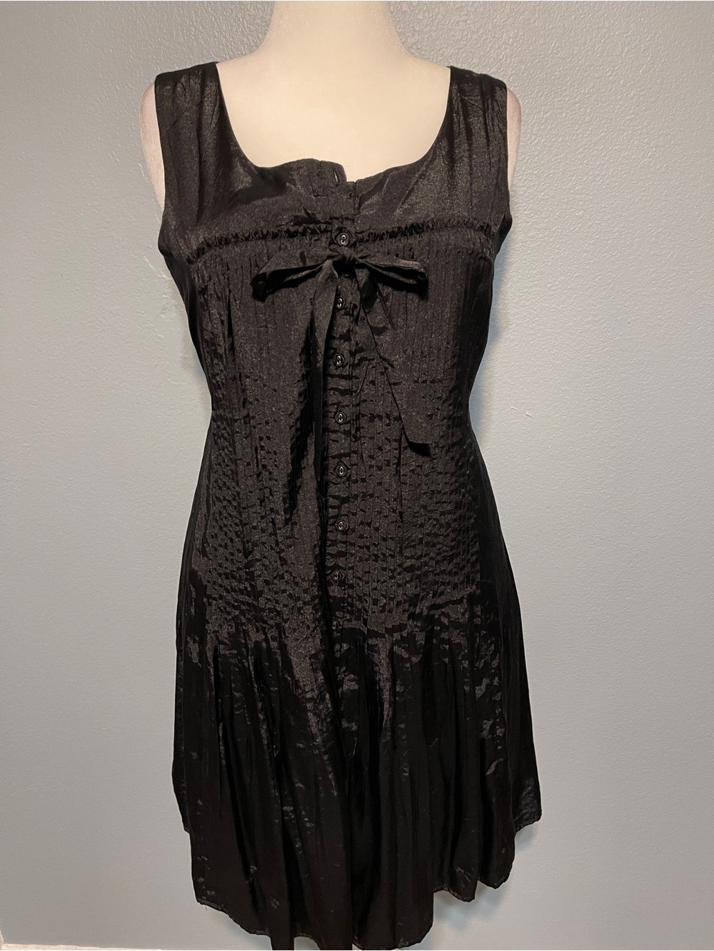 Vtg Method Black Crinkle Dress Sleeveless Bow Drop Waist Goth Grunge Witch Large